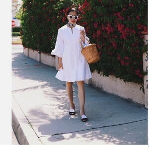🤍 CARVEN White Cotton Fit & Flare Bell Sleeve Dress – FR 42 / US 10